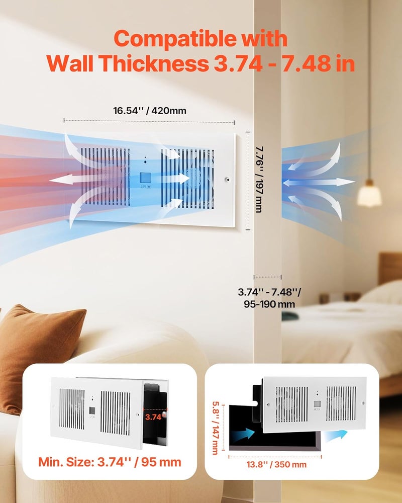 VEVOR مروحة من غرفة إلى غرفة، مروحة هواء مزدوجة قابلة للتعديل من خلال الجدار مع جهاز تحكم عن بعد وتحكم في درجة الحرارة، 300 CFM 10 سرعات تهوية هادئة في الجدار للمعيشة، غرفة الغسيل الداخلية - Image 2